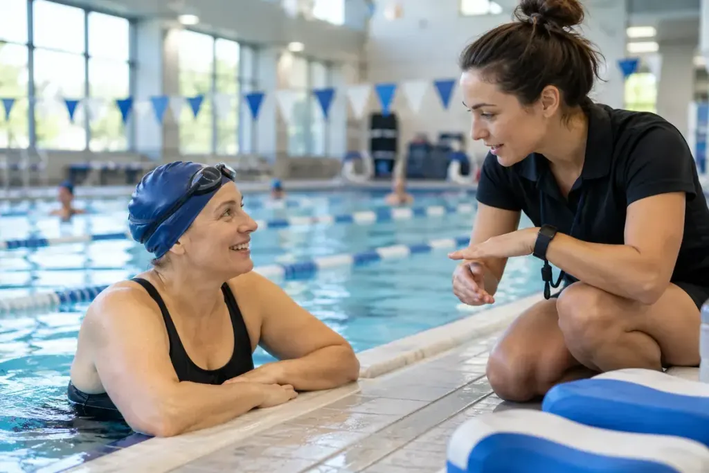 An adult swim learner discussing a simple drill with an instructor beside a supervised indoor pool.