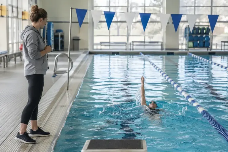 An indoor swimming pool with a line of backstroke flags above a clearly marked lane and an adult coach at poolside.