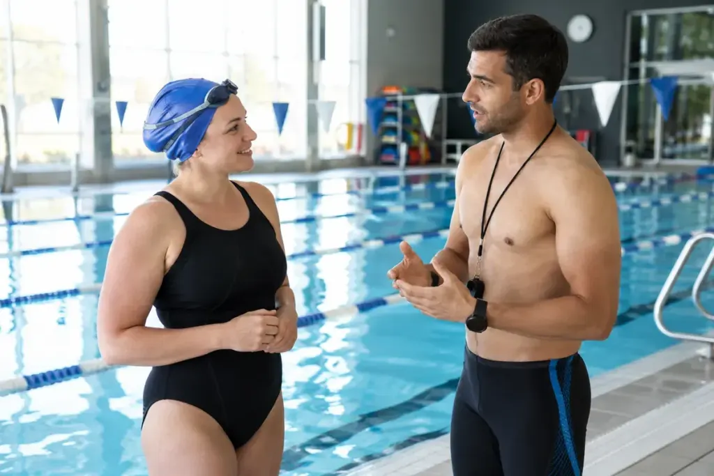 An adult learner talking with an instructor beside an indoor swimming pool.