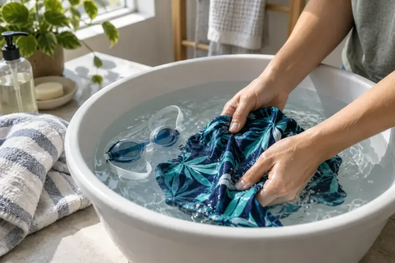 A swimsuit and goggles being rinsed gently in a clean basin.