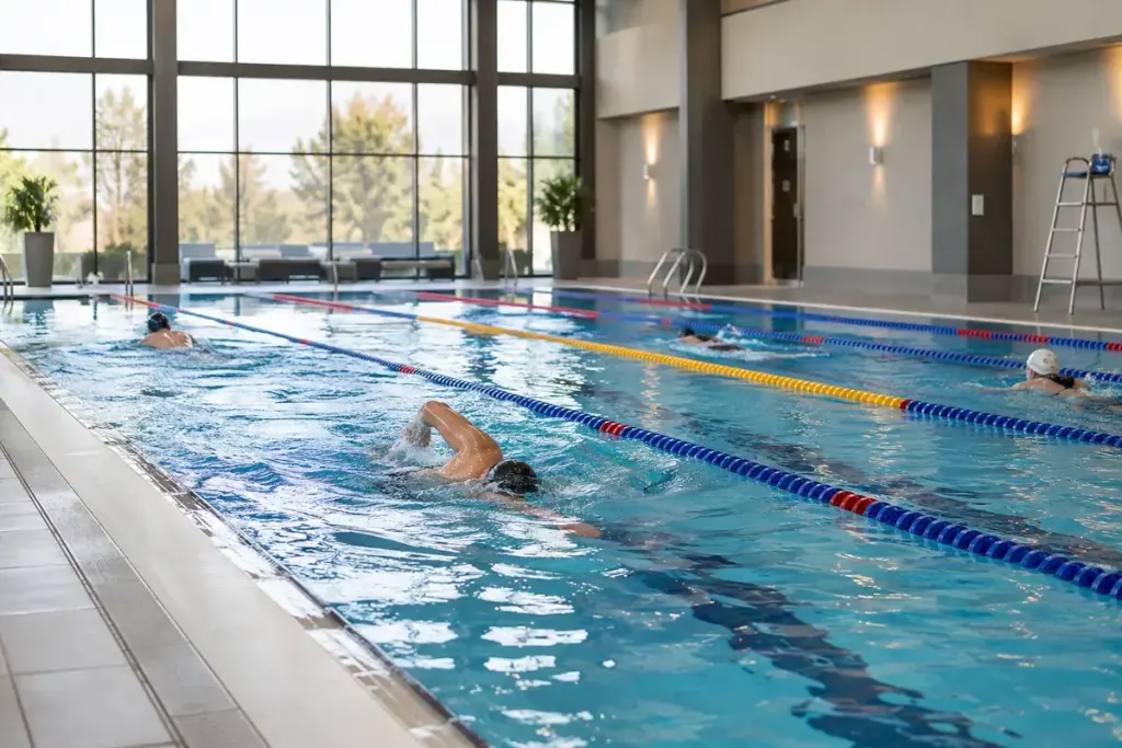 Adult swimmers spaced along lanes in a bright indoor lap pool.