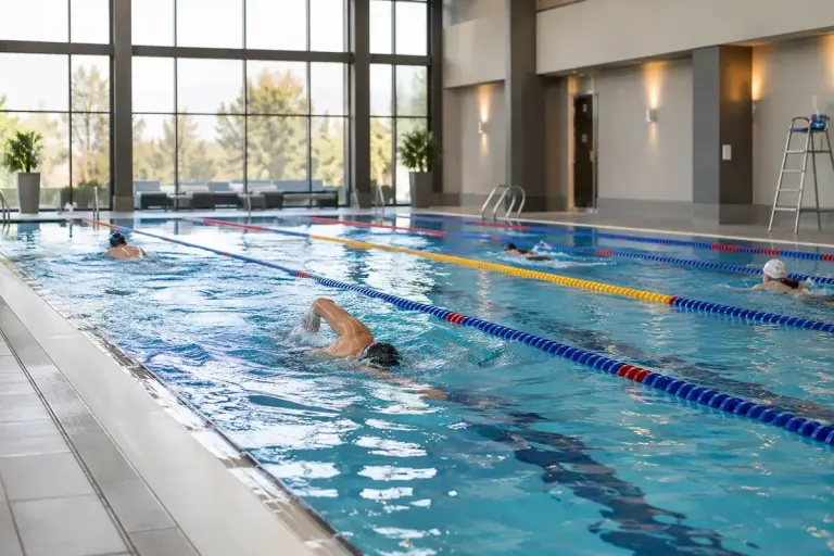 Adult swimmers spaced along lanes in a bright indoor lap pool.