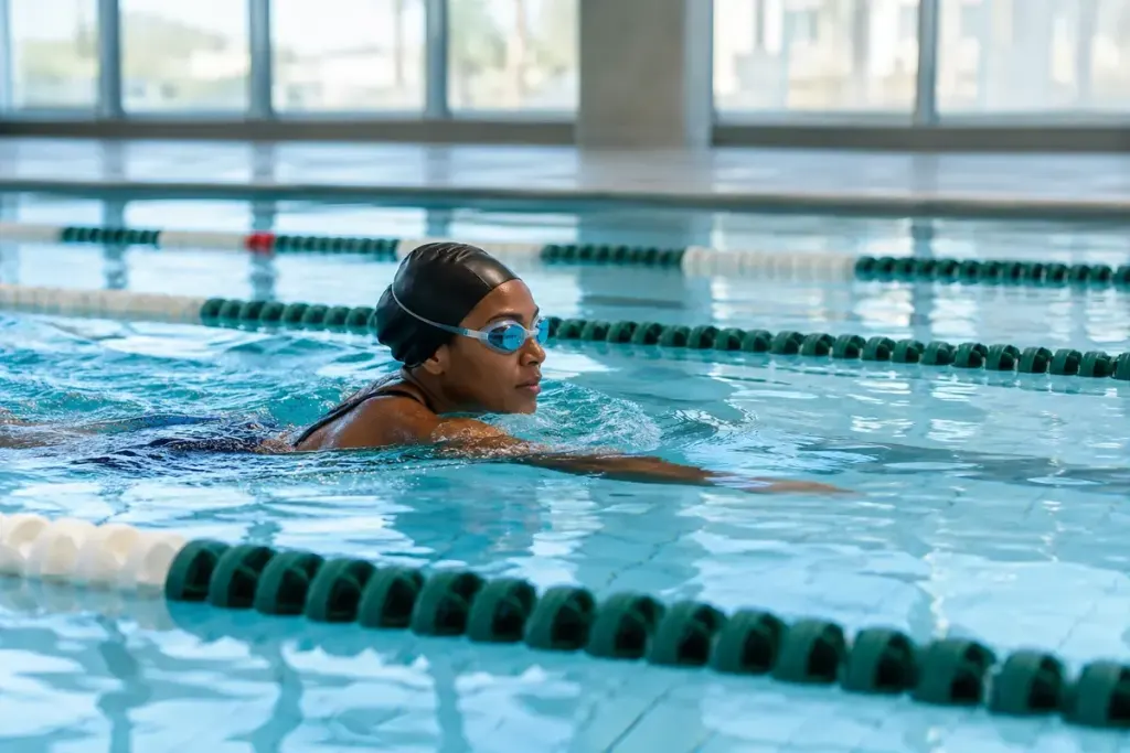 An adult swimmer moving calmly in a clear indoor pool lane viewed from the side.