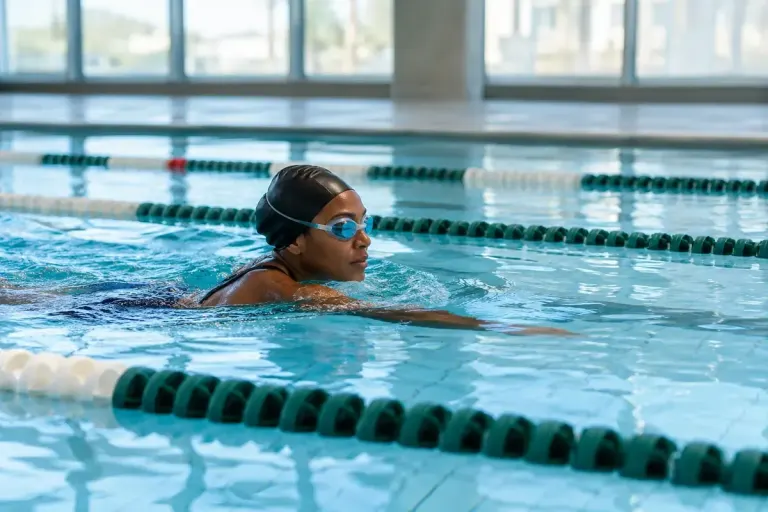 An adult swimmer moving calmly in a clear indoor pool lane viewed from the side.